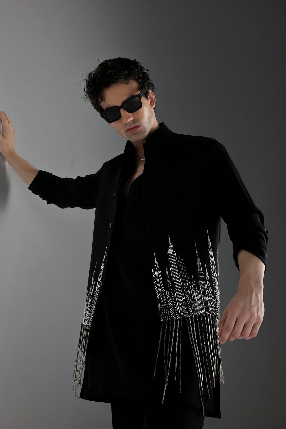 Skyline - Hand Embroidered Designer Bundi With Kurta - Black