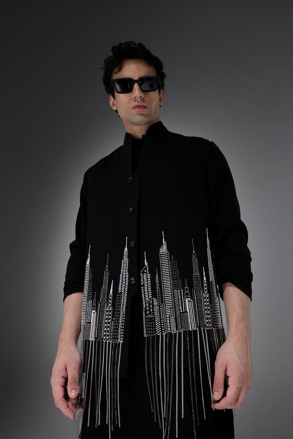 Skyline - Hand Embroidered Designer Bundi With Kurta - Black