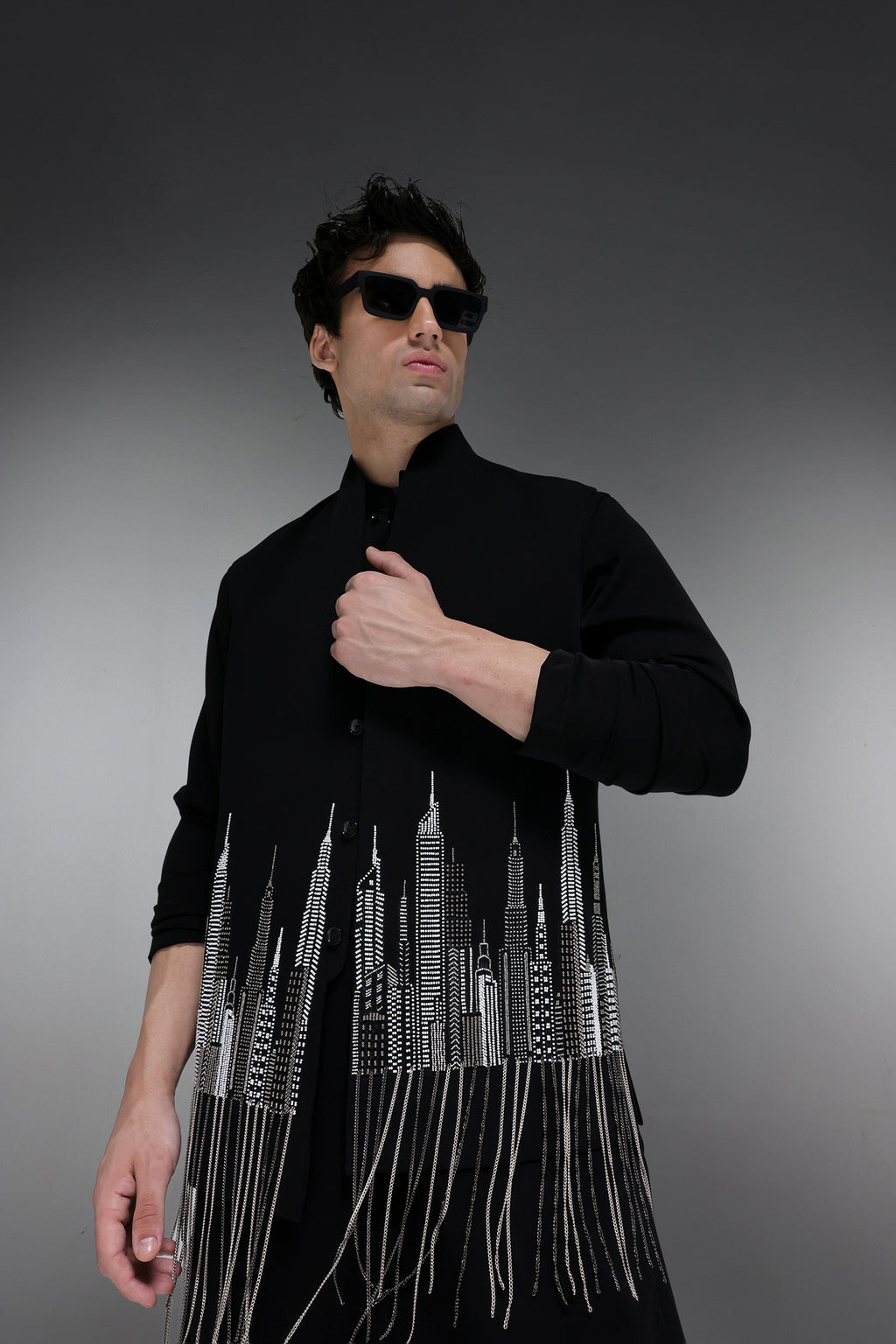 Skyline - Hand Embroidered Designer Bundi With Kurta - Black