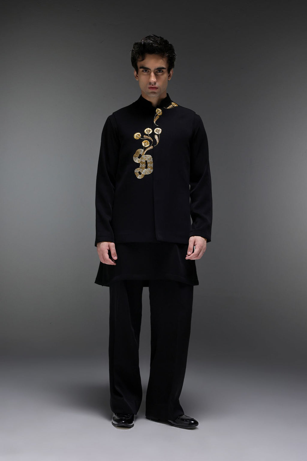 Fiore - Hand Embroidered Designer Bundi With Kurta - Black