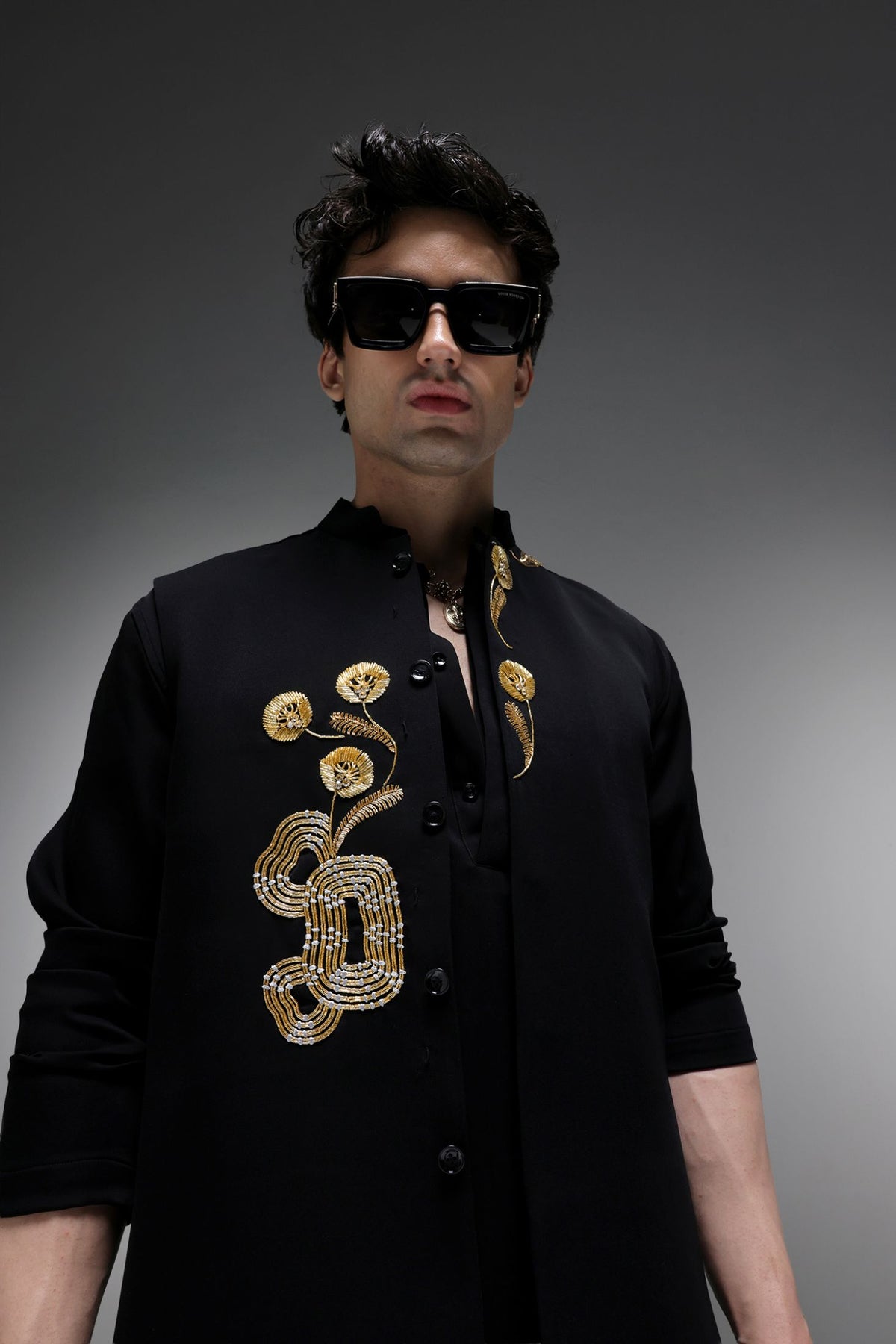 Fiore - Hand Embroidered Designer Bundi With Kurta - Black