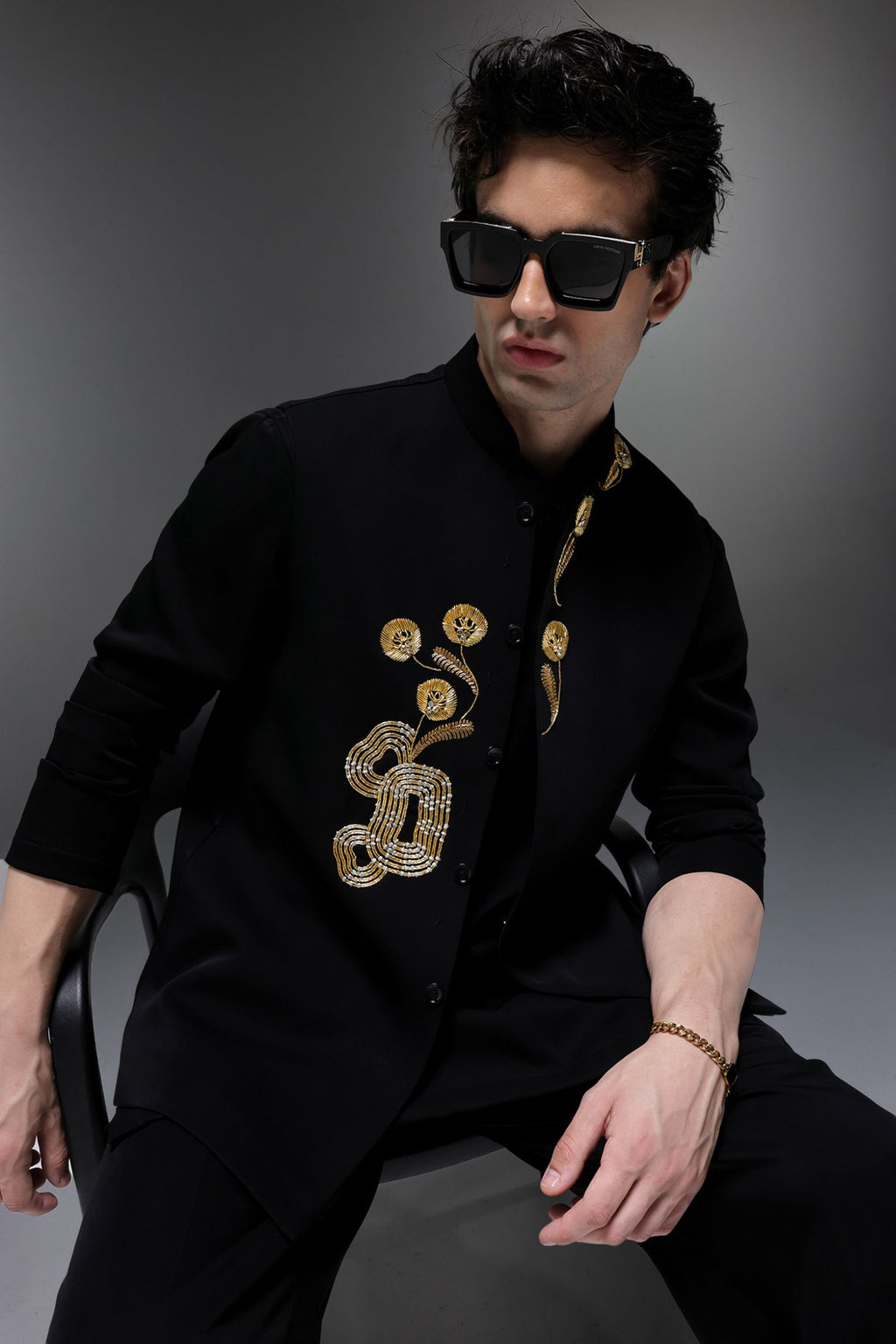 Fiore - Hand Embroidered Designer Bundi With Kurta - Black