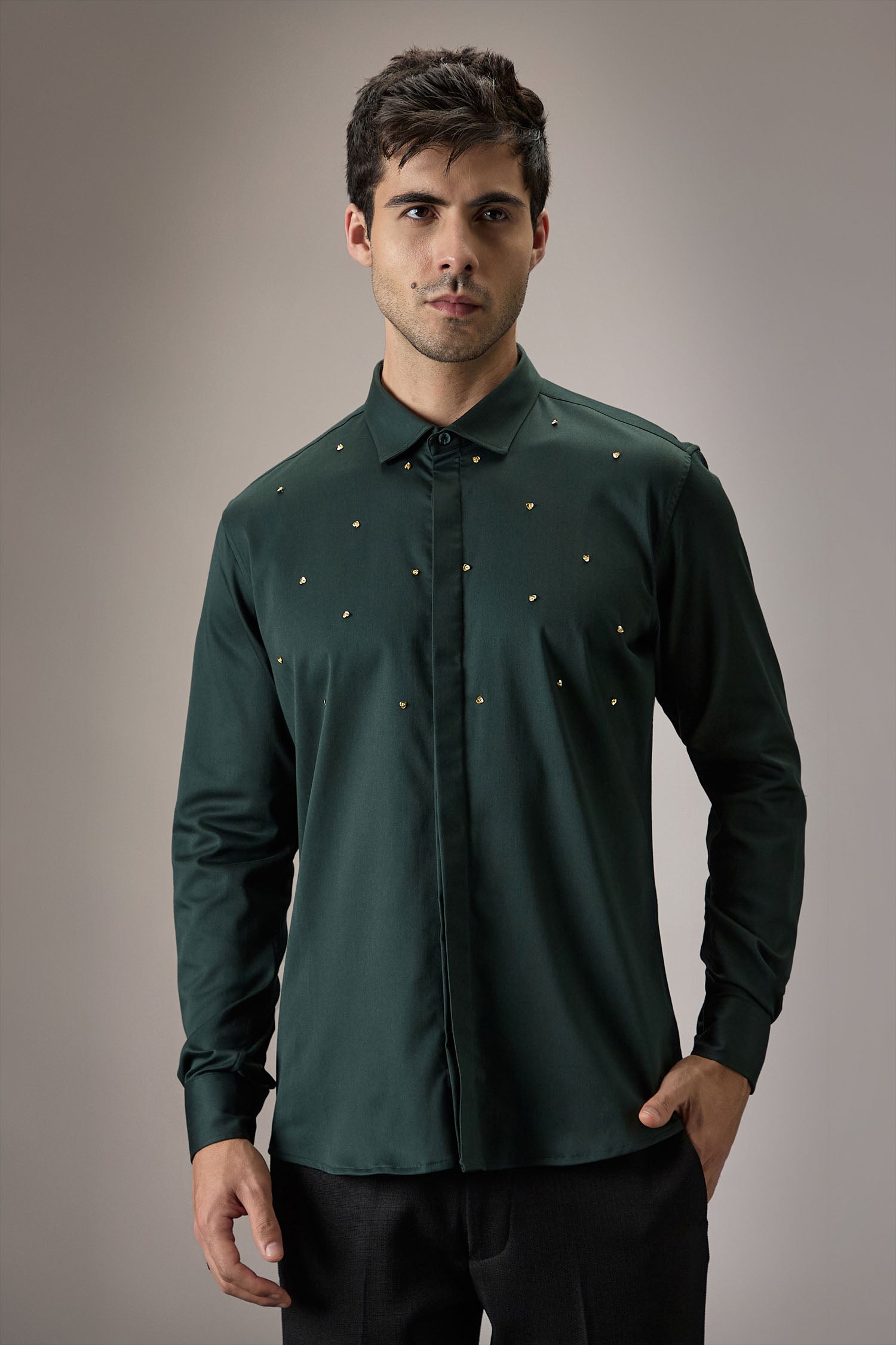 Heart Allover - Hand Embroidered Designer Shirt - Bottle Green