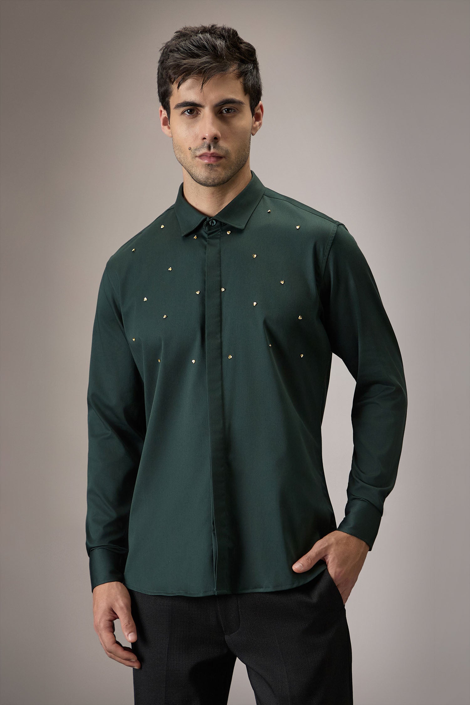 Heart Allover - Hand Embroidered Designer Shirt - Bottle Green