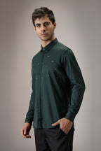 Heart Allover - Hand Embroidered Designer Shirt - Bottle Green