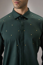 Heart Allover - Hand Embroidered Designer Shirt - Bottle Green