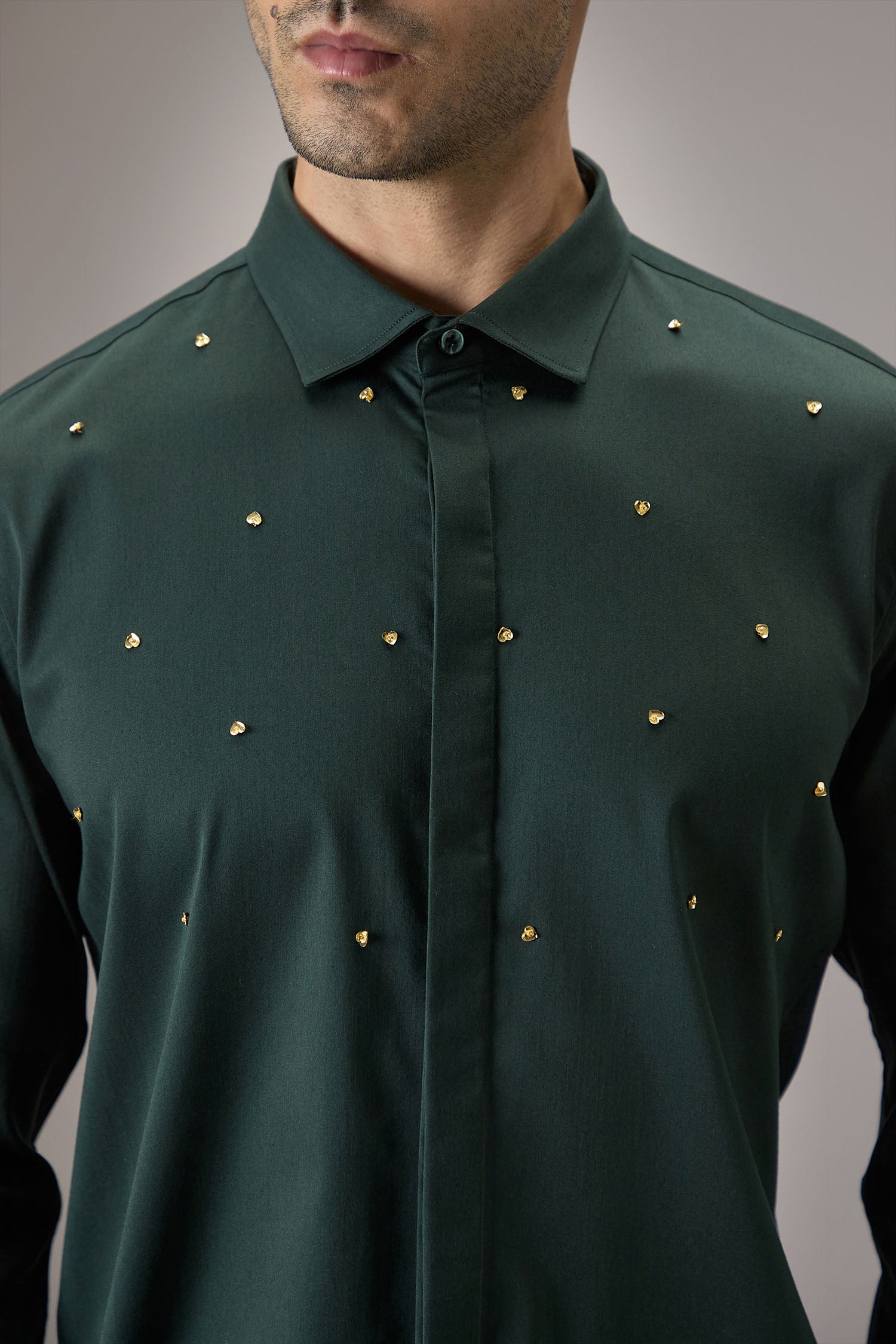 Heart Allover - Hand Embroidered Designer Shirt - Bottle Green