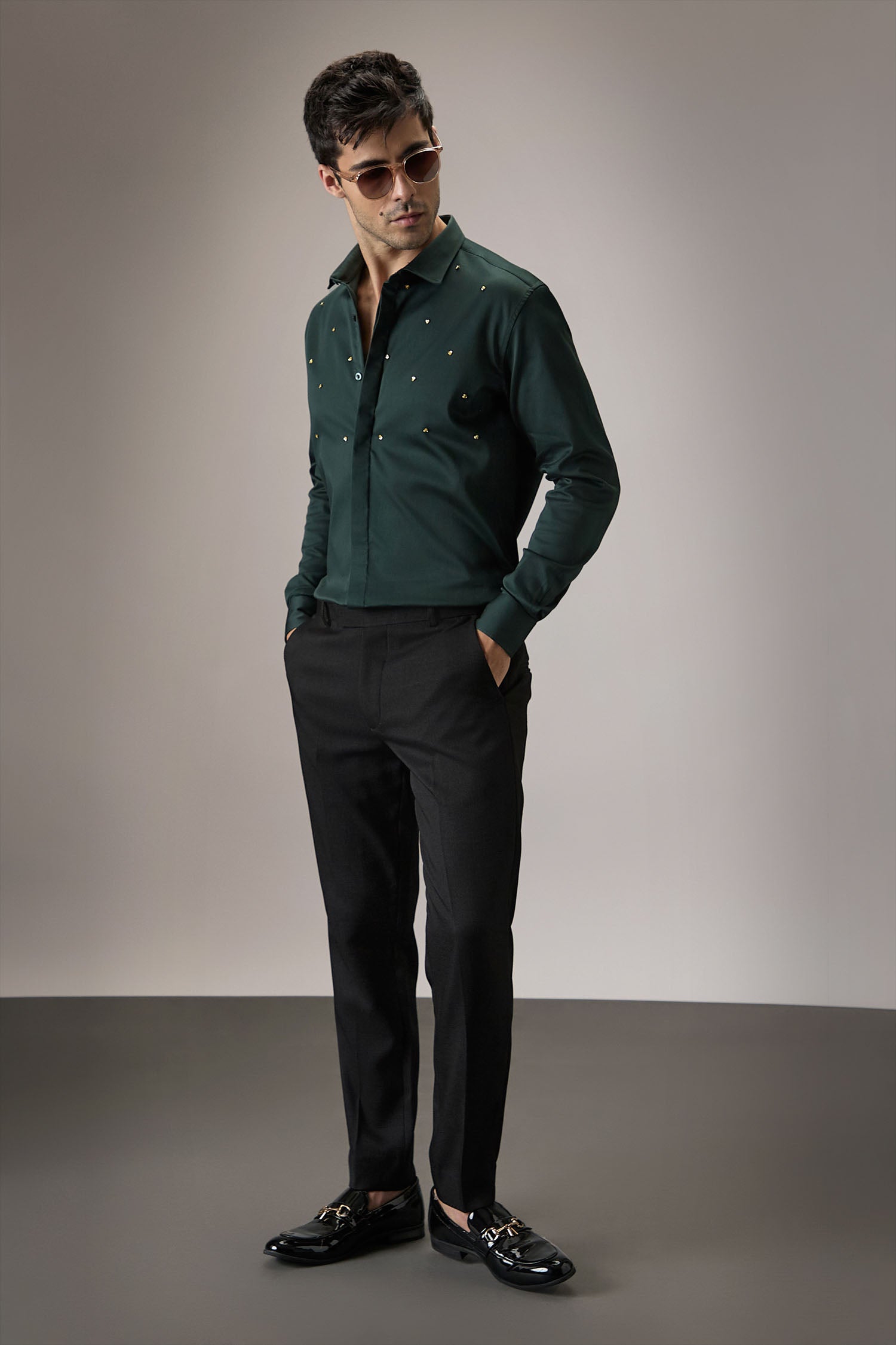 Heart Allover - Hand Embroidered Designer Shirt - Bottle Green