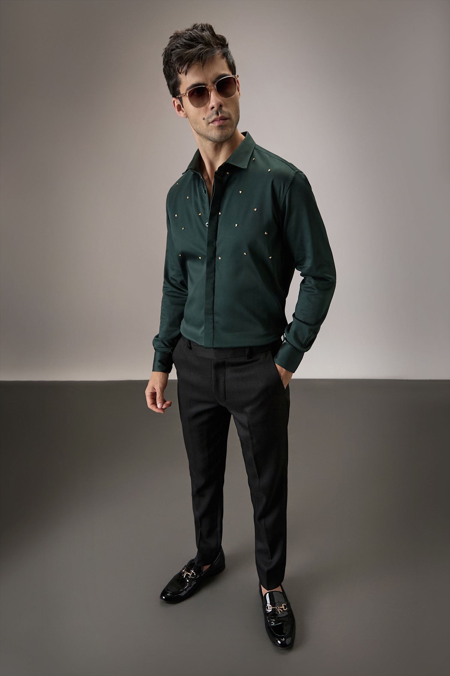 Heart Allover - Hand Embroidered Designer Shirt - Bottle Green