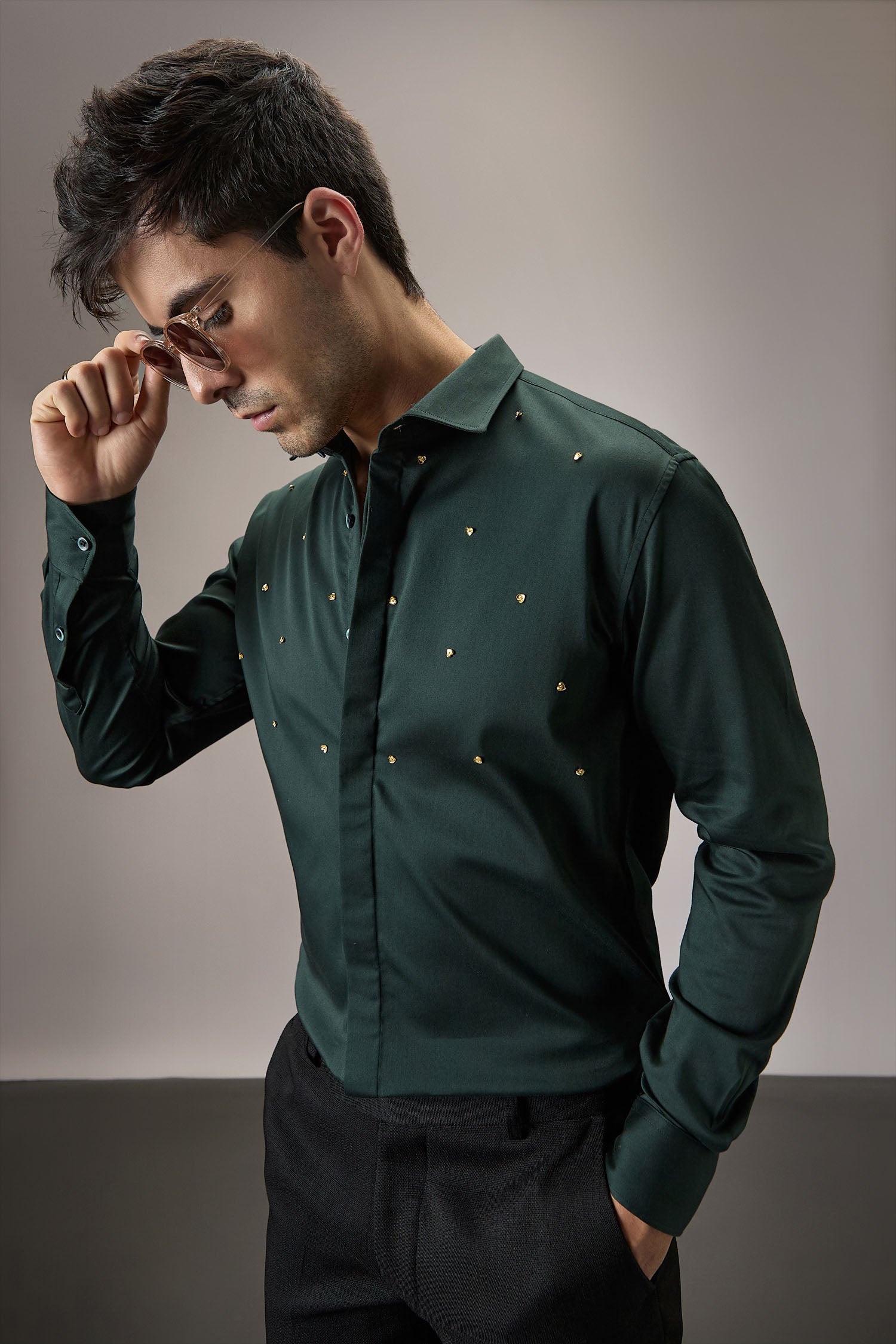 Heart Allover - Hand Embroidered Designer Shirt - Bottle Green