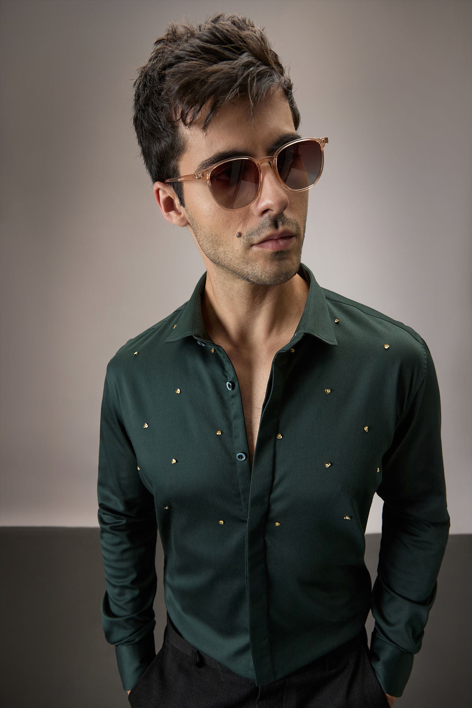 Heart Allover - Hand Embroidered Designer Shirt - Bottle Green