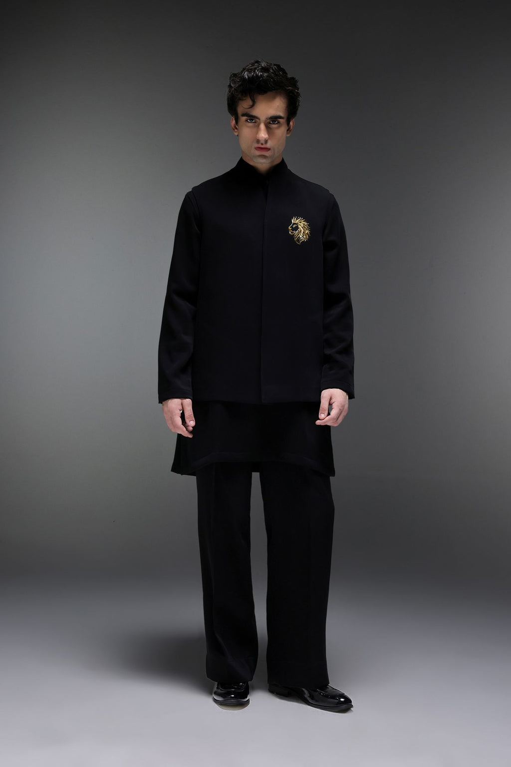 Leo(Lion) - Hand Embroidered Designer Bundi With Kurta - Black