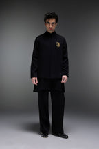 Leo(Lion) - Hand Embroidered Designer Bundi With Kurta - Black