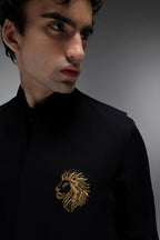 Leo(Lion) - Hand Embroidered Designer Bundi With Kurta - Black
