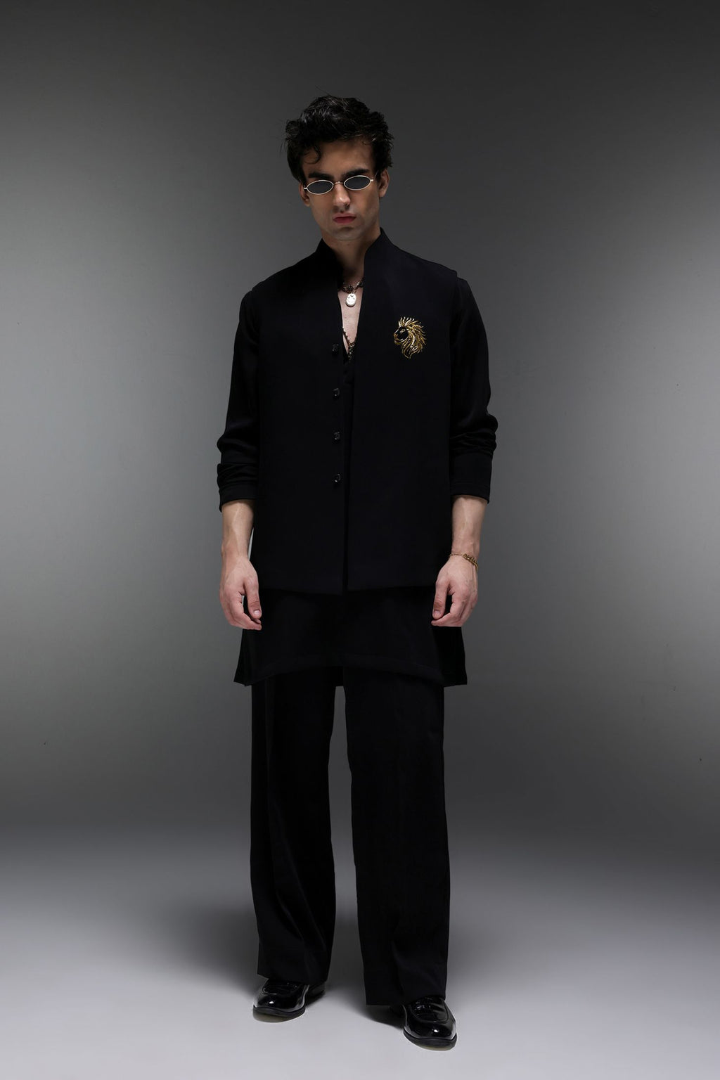 Leo(Lion) - Hand Embroidered Designer Bundi With Kurta - Black