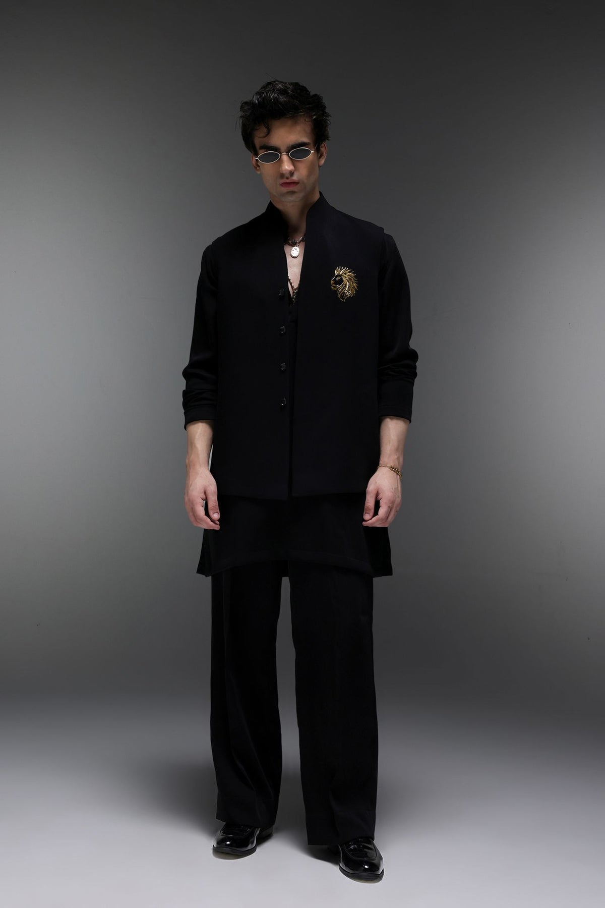 Leo(Lion) - Hand Embroidered Designer Bundi With Kurta - Black