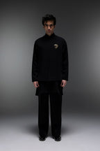 Stallion(Horse) - Hand Embroidered Designer Bundi With Kurta - Black