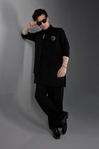 Stallion(Horse) - Hand Embroidered Designer Bundi With Kurta - Black