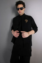 Stallion(Horse) - Hand Embroidered Designer Bundi With Kurta - Black