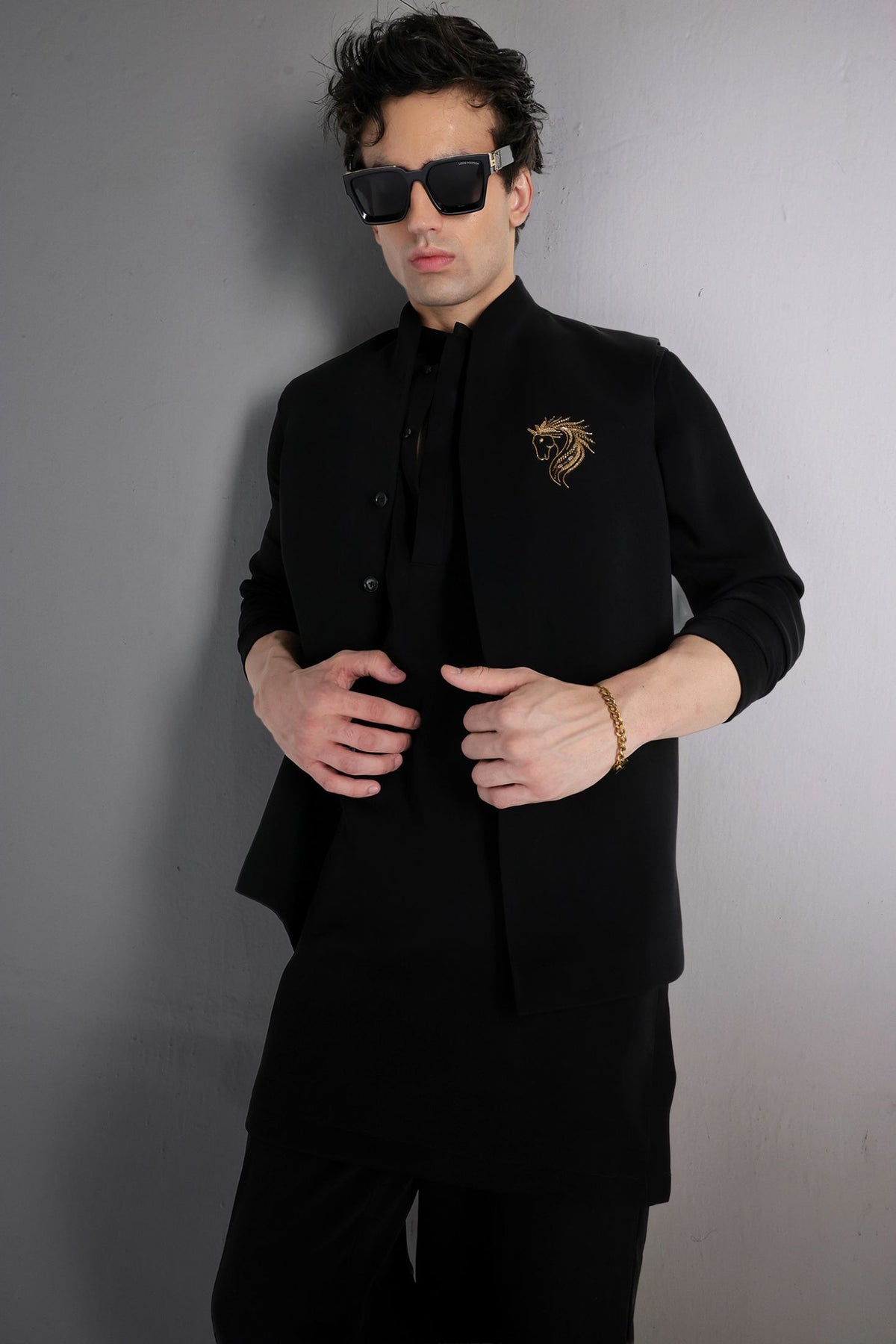 Stallion(Horse) - Hand Embroidered Designer Bundi With Kurta - Black