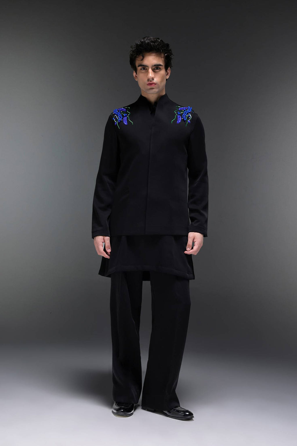 Spring - Hand Embroidered Designer Bundi With Kurta - Black