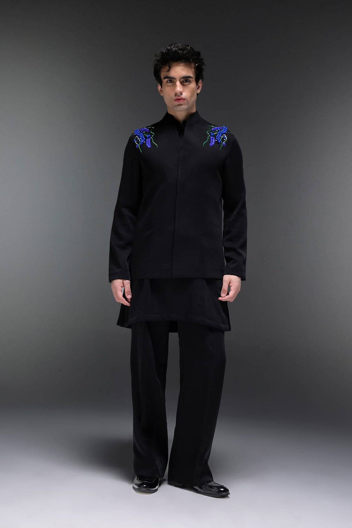 Spring - Hand Embroidered Designer Bundi With Kurta - Black