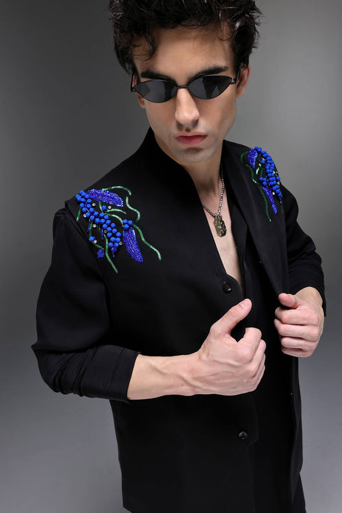 Spring - Hand Embroidered Designer Bundi With Kurta - Black