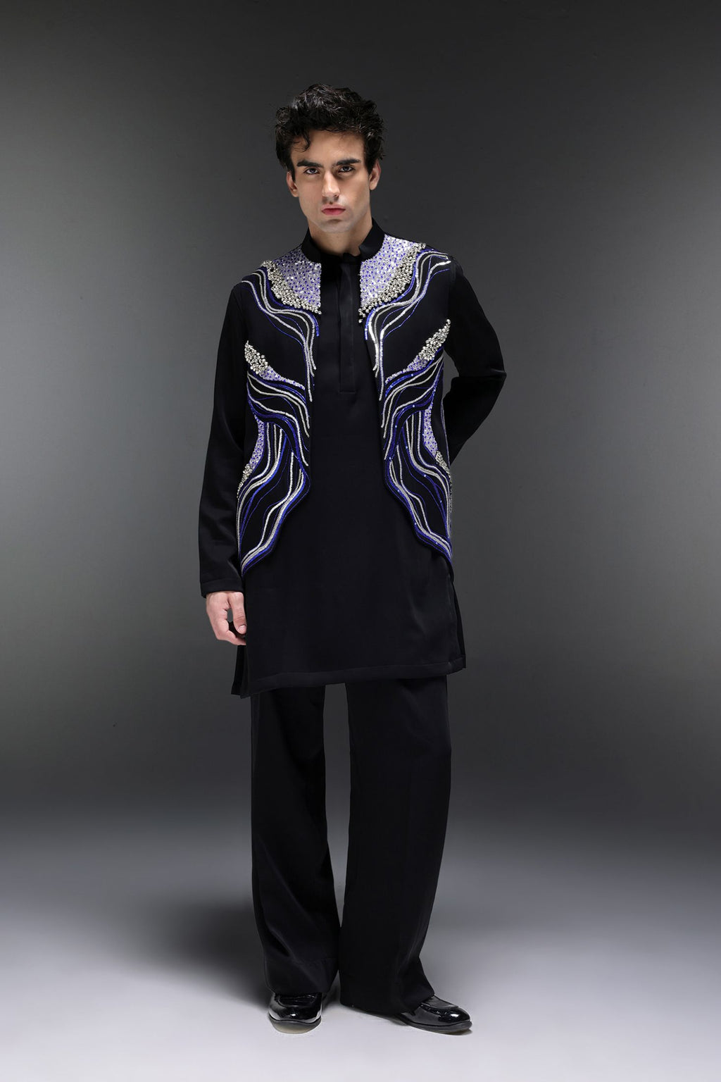Azure(Ghungru) - Hand Embroidered Designer Bundi With Lachka Kurta - Black
