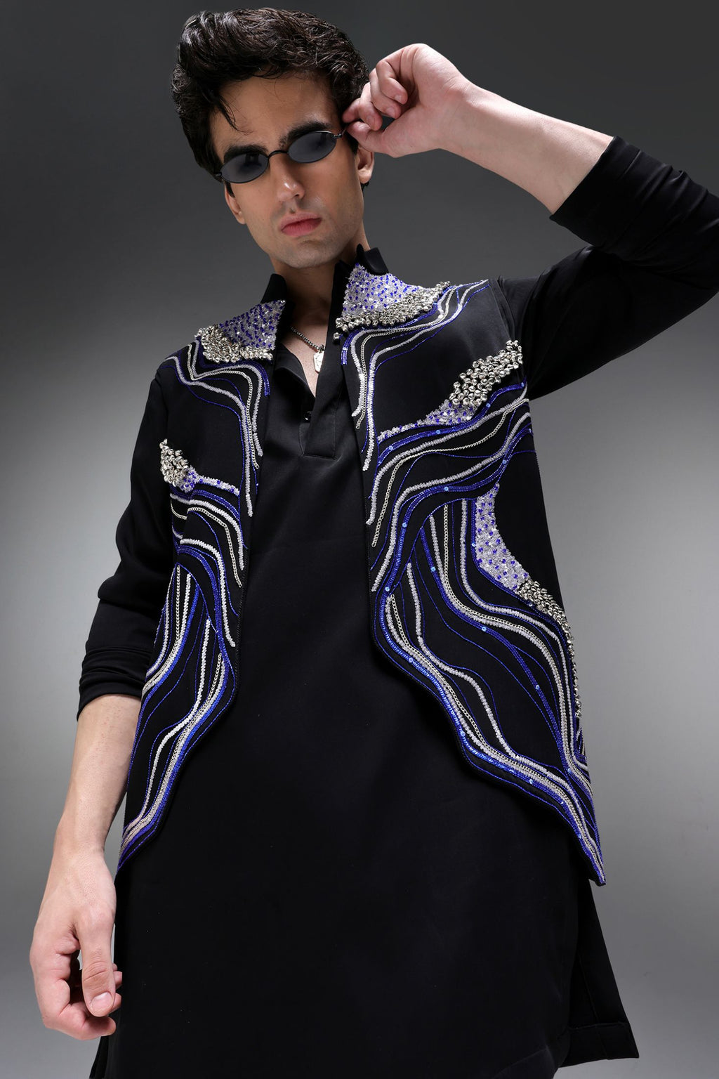 Azure(Ghungru) - Hand Embroidered Designer Bundi With Lachka Kurta - Black