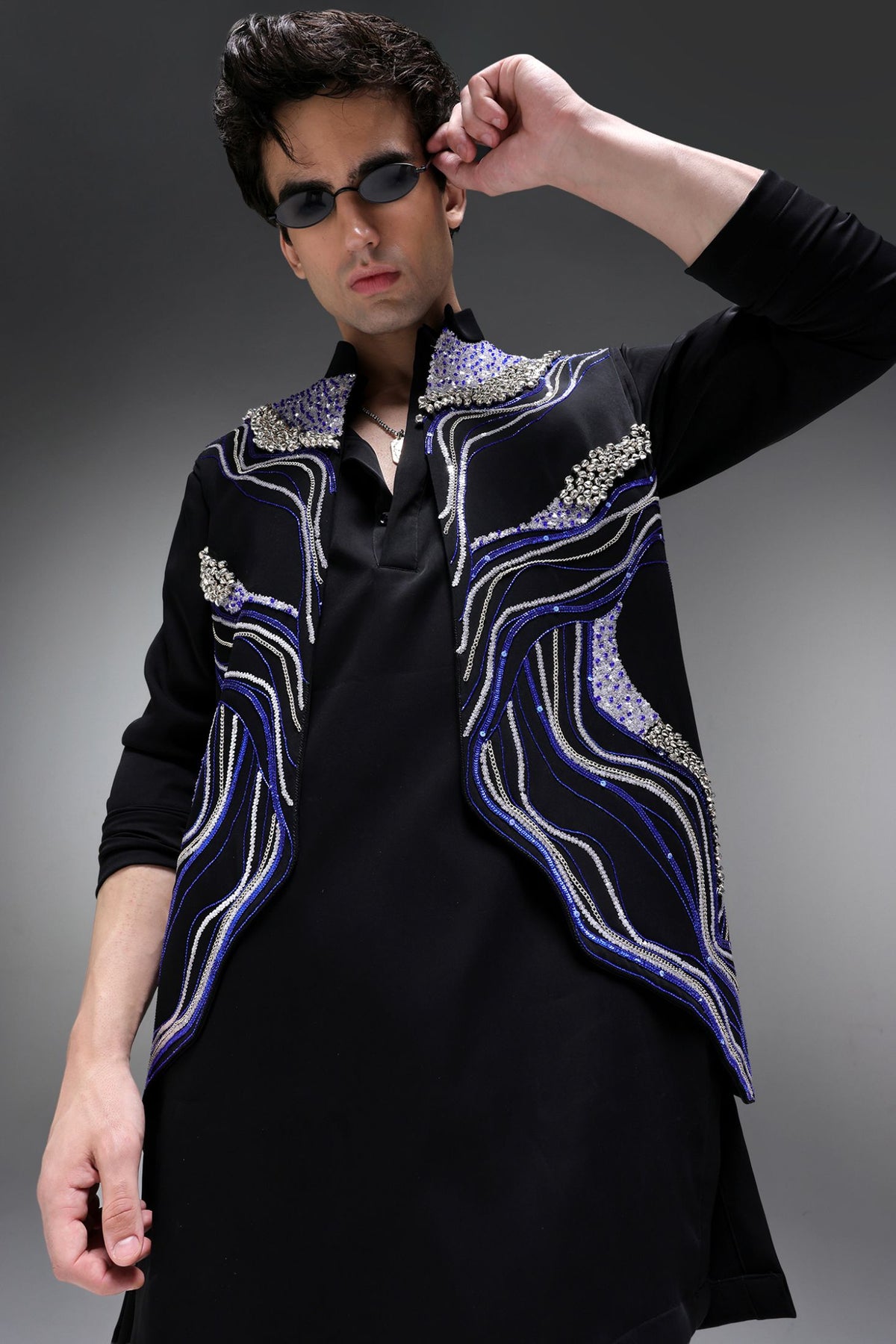 Azure(Ghungru) - Hand Embroidered Designer Bundi With Lachka Kurta - Black