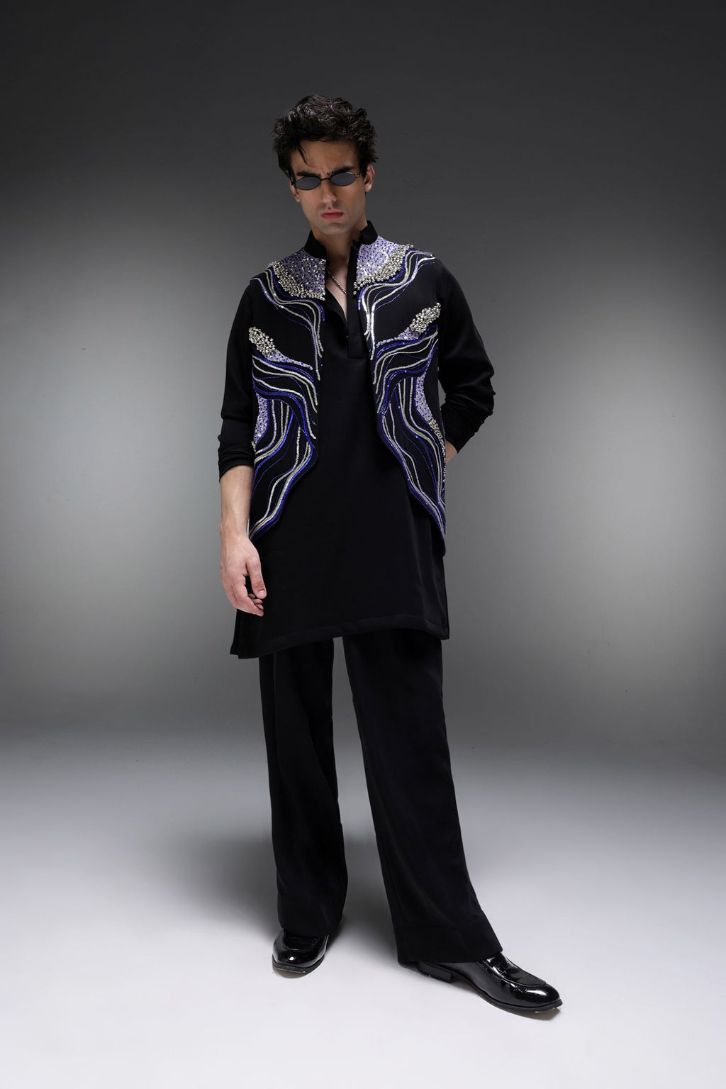 Azure(Ghungru) - Hand Embroidered Designer Bundi With Lachka Kurta - Black