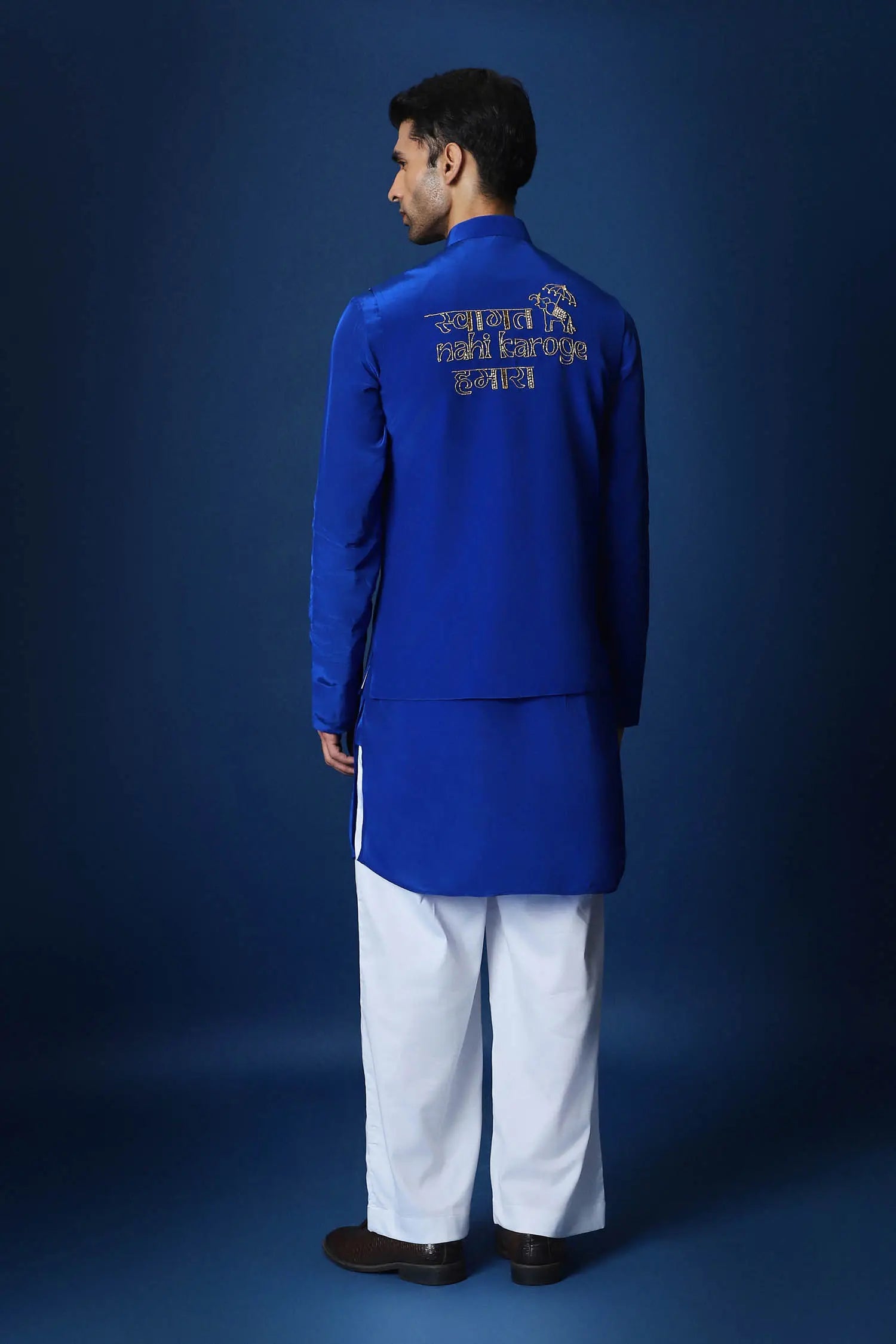 Swaagat Nahin Karoge Humara Hand Embroidered Bundi Set - Royal Blue