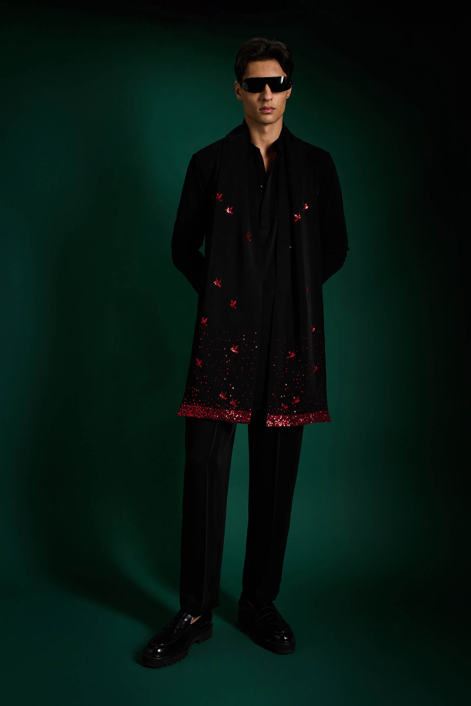 Speckled Birds Hand Embroidered Designer Shawl Set With Kurta And Pant