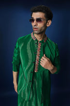 Bandhani Hand Embroidered Bundi Set - Green