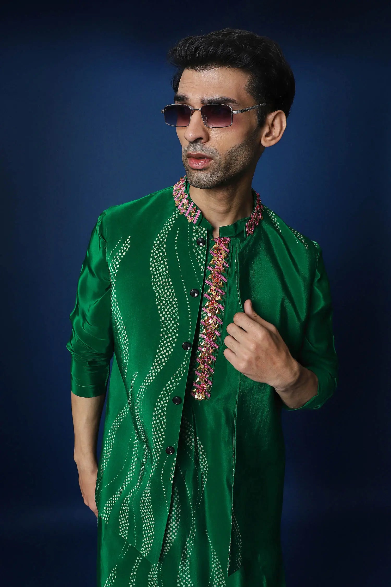 Bandhani Hand Embroidered Bundi Set - Green