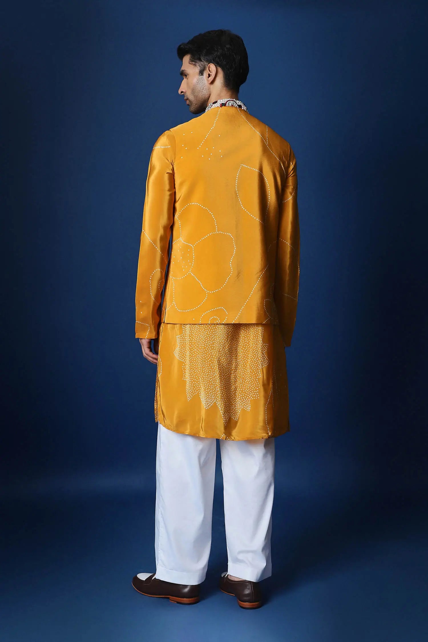 Mustard Doodle Flower Bandhani Bundi Set - Mustard