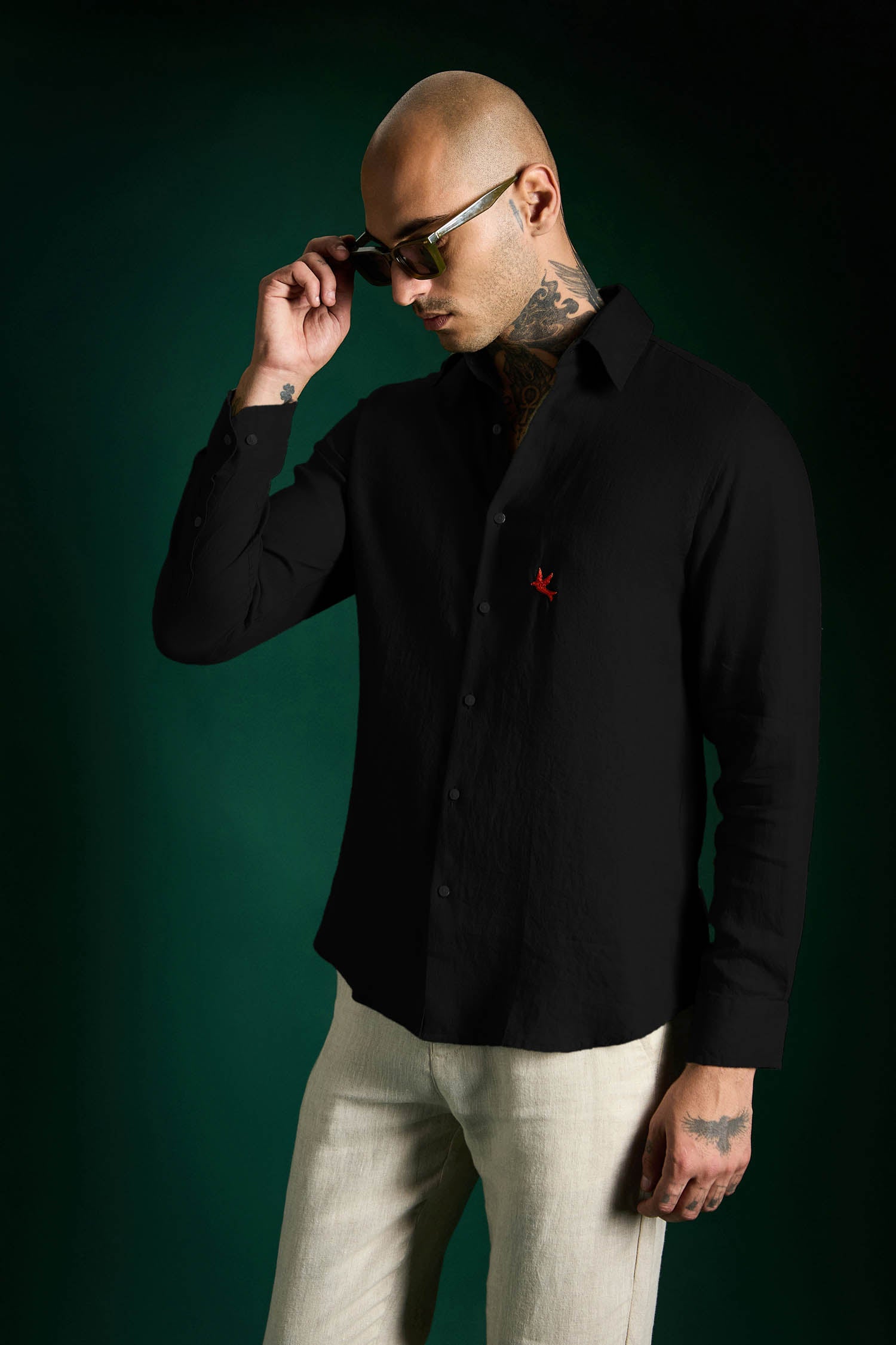 Bird Irish Linen Shirt - Black and Red Bird