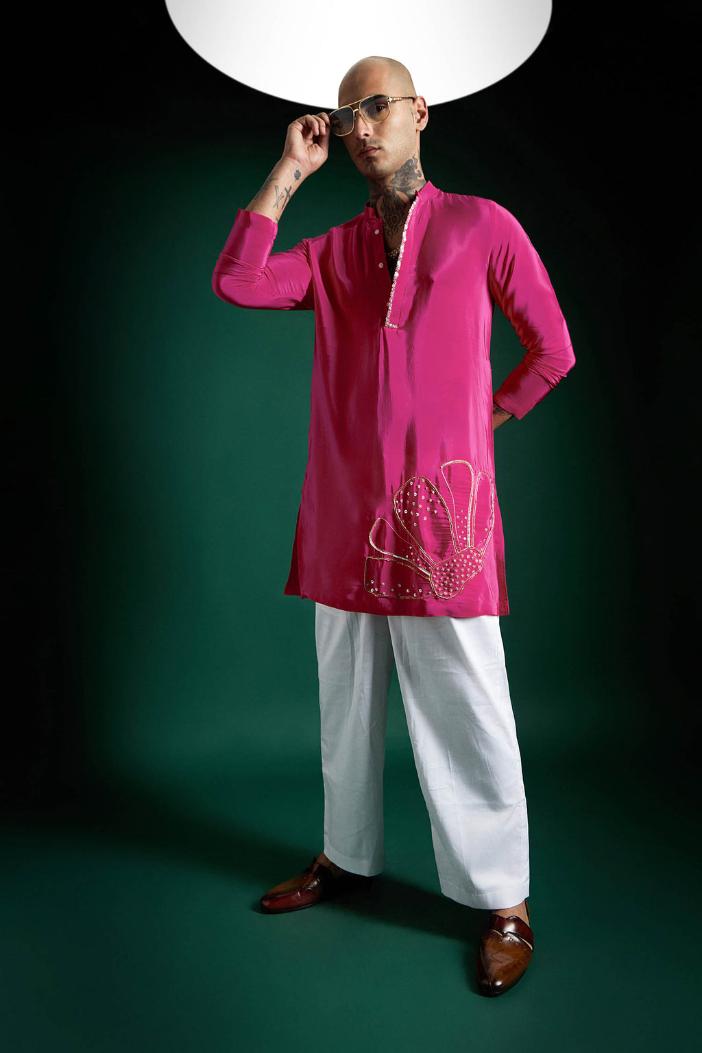 Petals Hand Embroidered Designer Kurta - Hot Pink