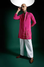 Petals Hand Embroidered Designer Kurta - Hot Pink