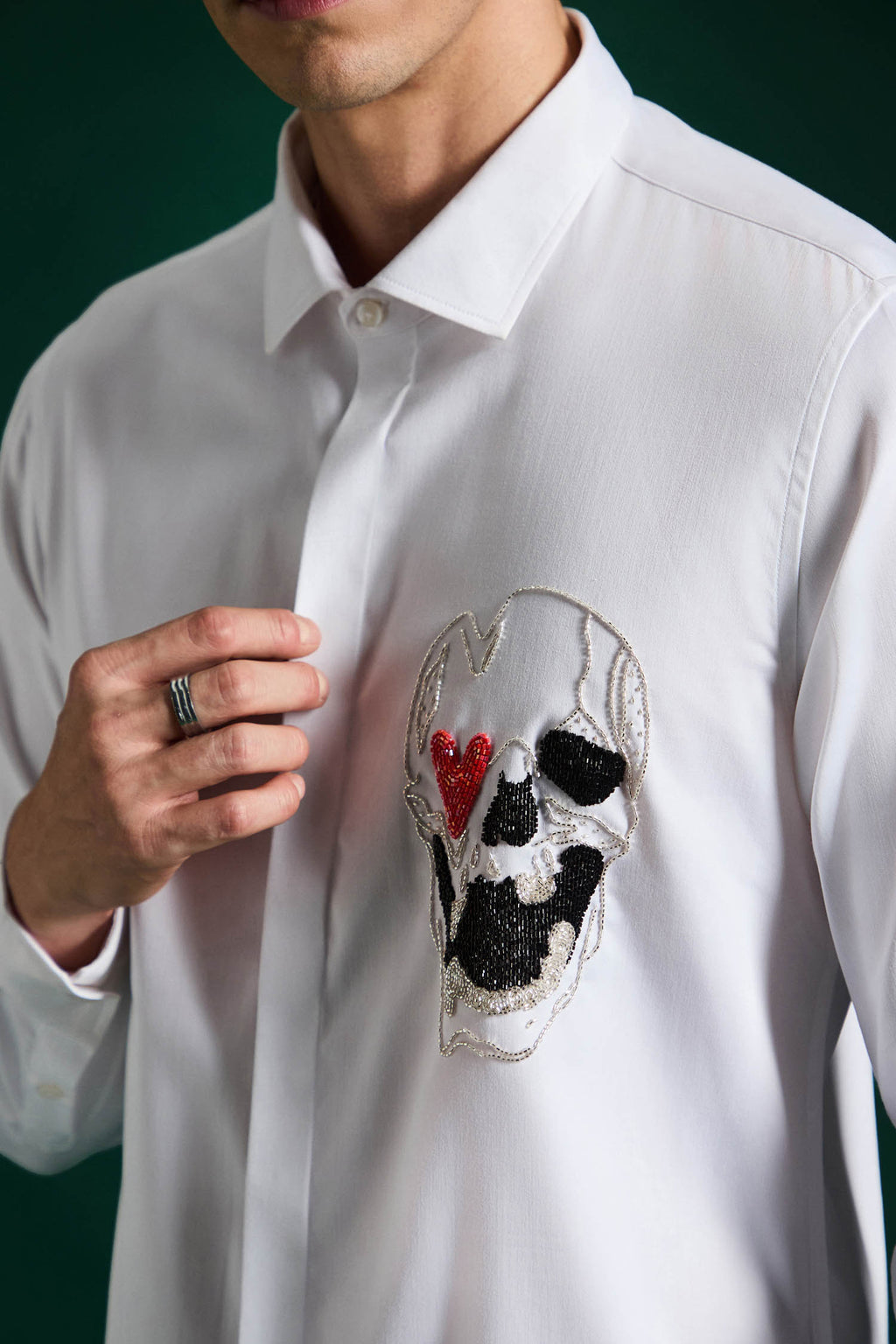 Heart Skull White - Hand Embroidered Designer Shirt