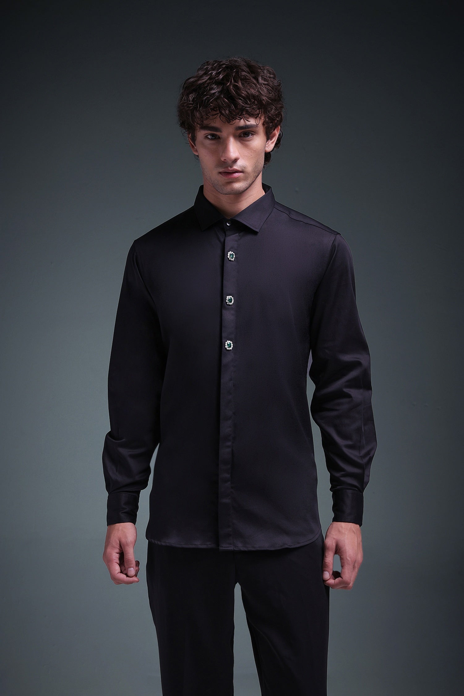 Regal(Green Rhinestone) - Hand Embroidered Designer Shirt