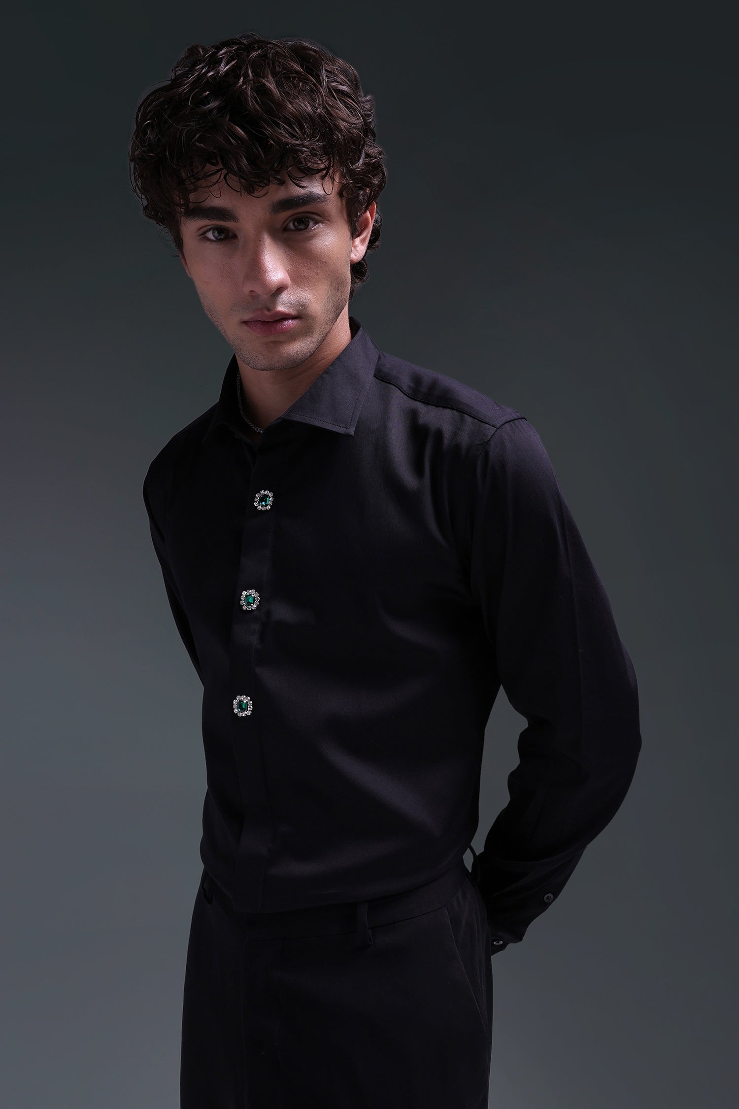 Regal(Green Rhinestone) - Hand Embroidered Designer Shirt