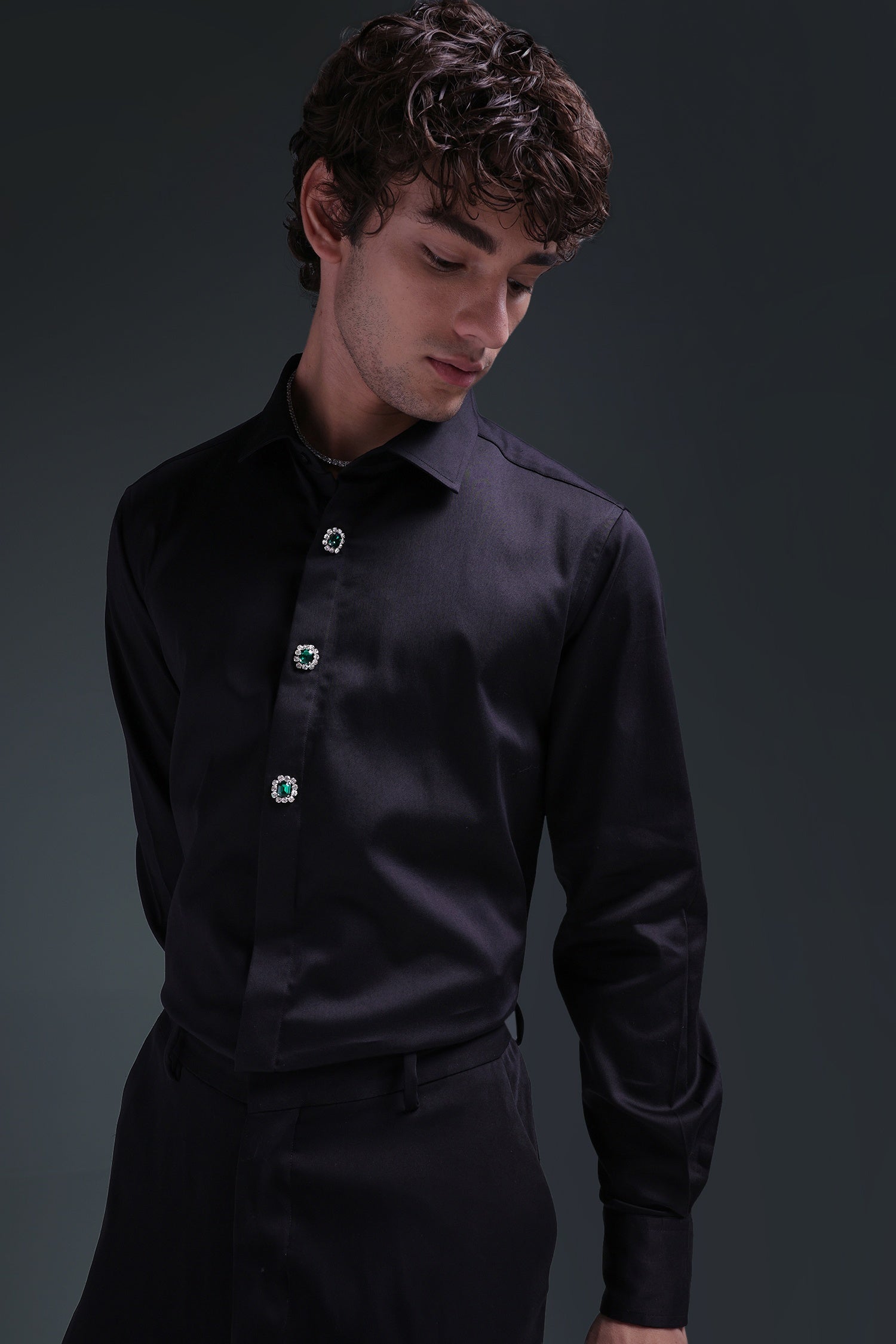 Regal(Green Rhinestone) - Hand Embroidered Designer Shirt