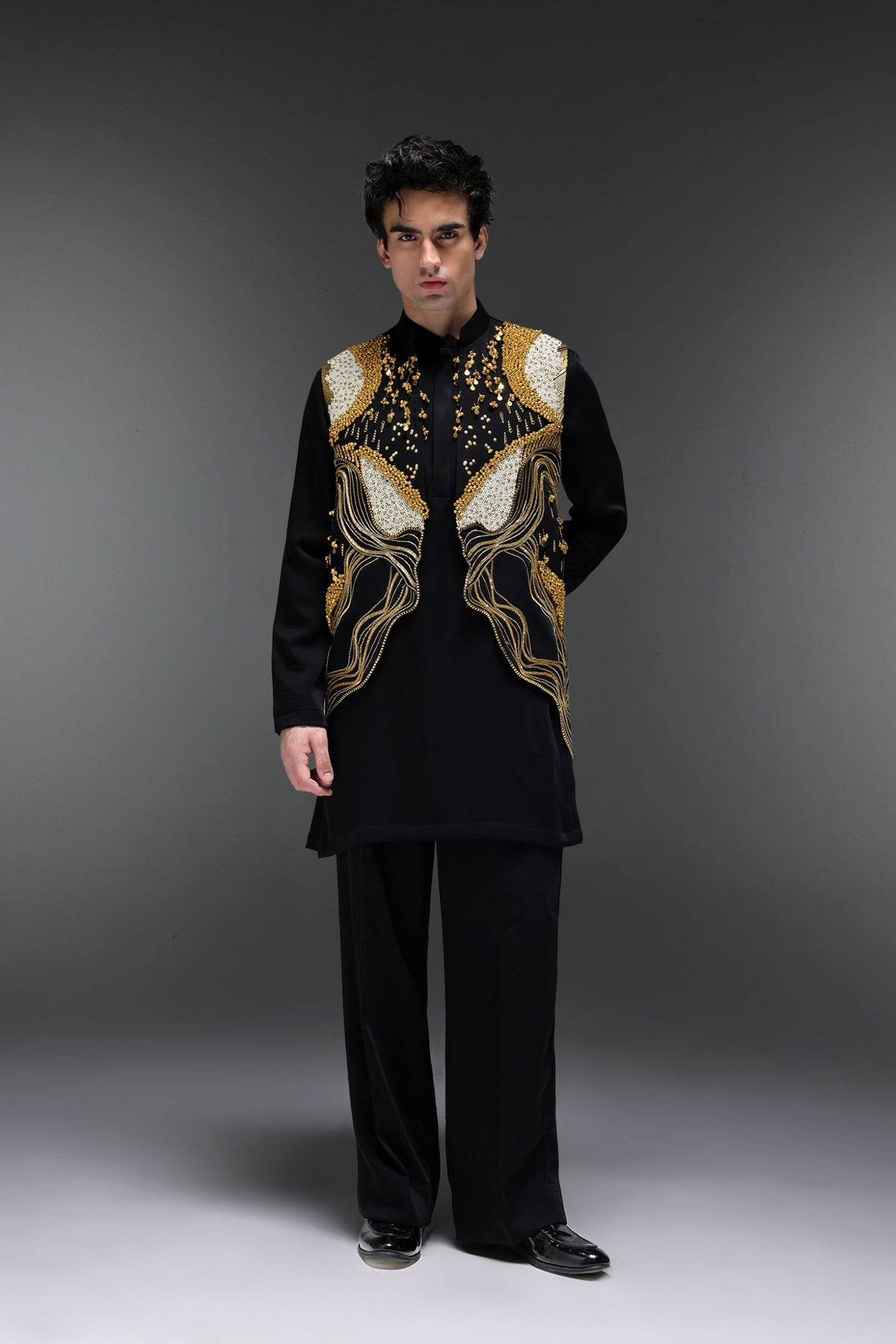 Golden Pearl (Gungru Cutwork) - Hand Embroidered Designer Bundi With Lachka Kurta - Black