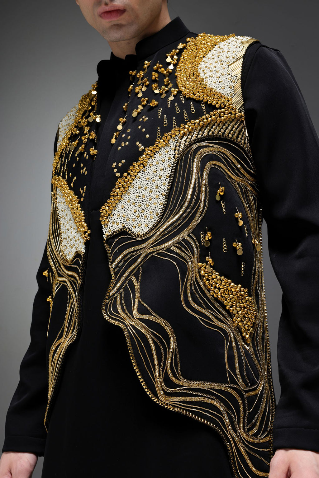 Golden Pearl (Gungru Cutwork) - Hand Embroidered Designer Bundi With Lachka Kurta - Black