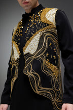 Golden Pearl (Gungru Cutwork) - Hand Embroidered Designer Bundi With Lachka Kurta - Black