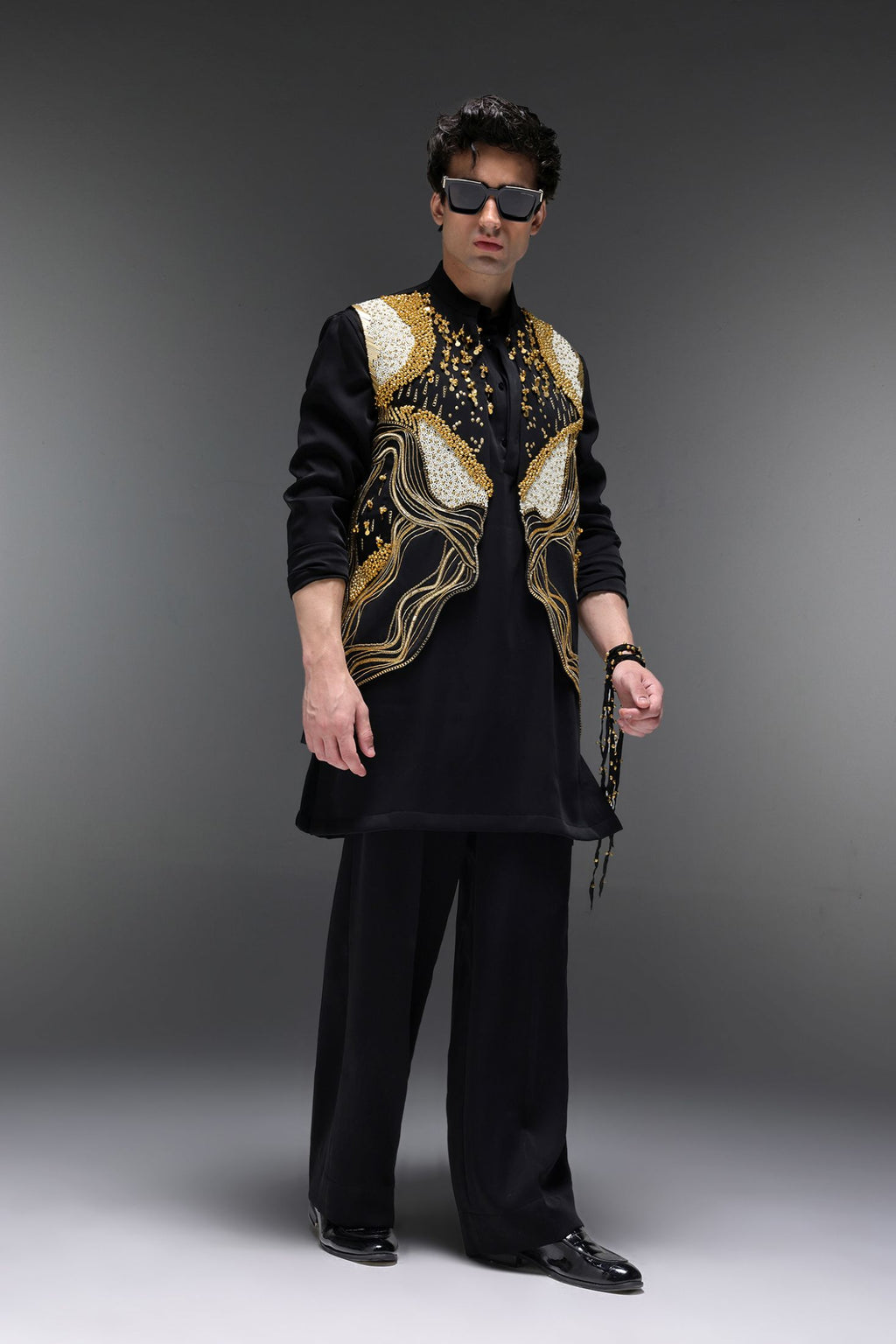 Golden Pearl (Gungru Cutwork) - Hand Embroidered Designer Bundi With Lachka Kurta - Black