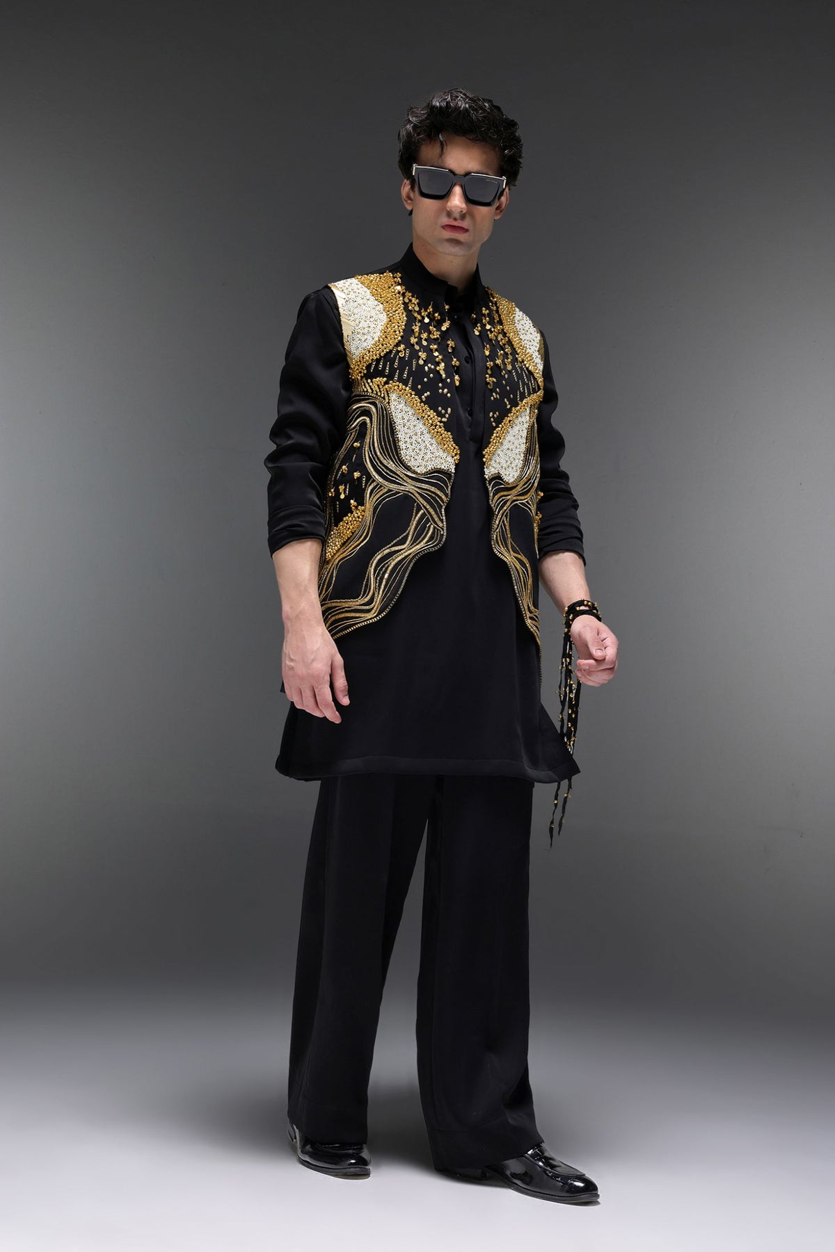Golden Pearl (Gungru Cutwork) - Hand Embroidered Designer Bundi With Lachka Kurta - Black