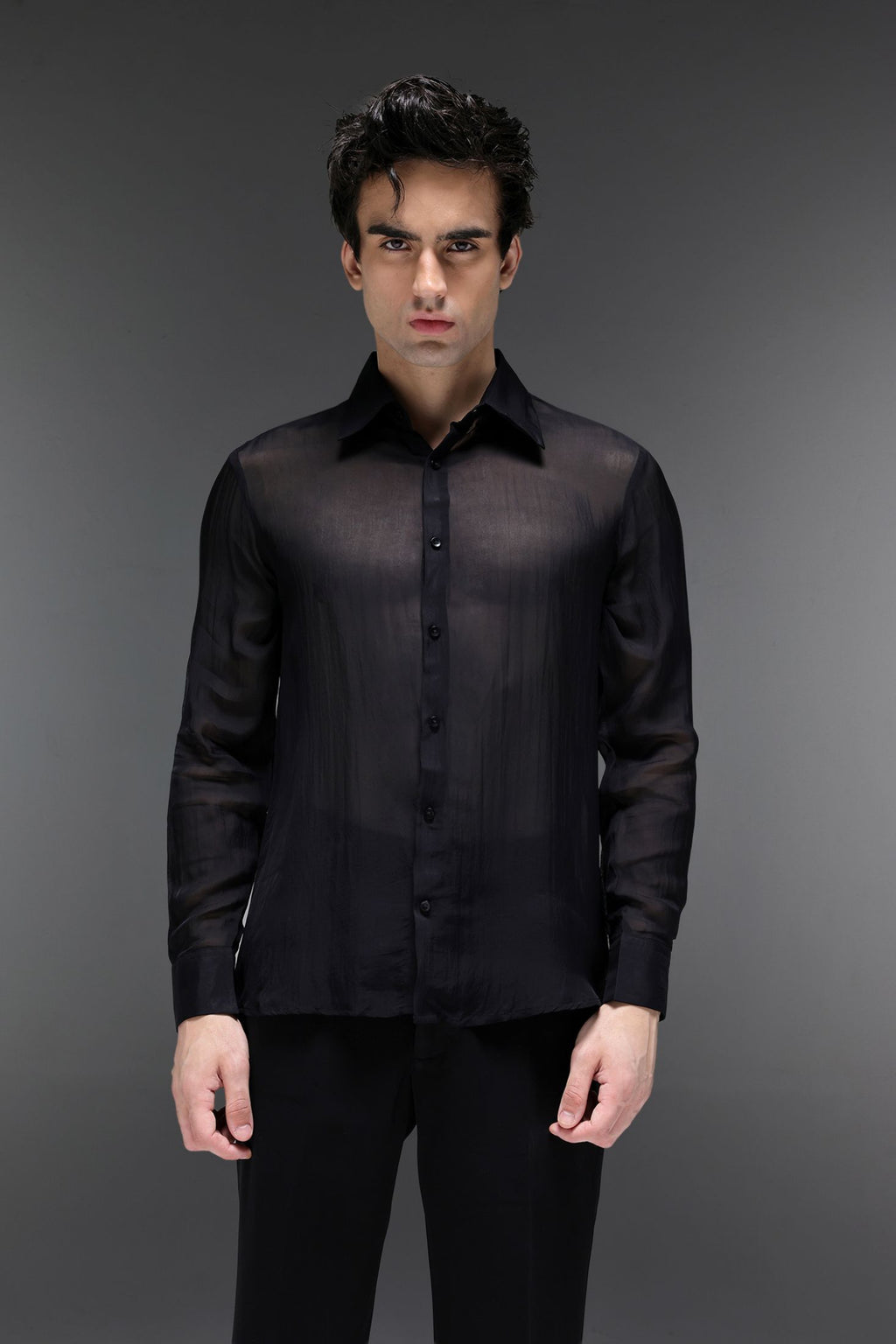 Goldline - Hand Embroidered Jacket With Organza Shirt - Black