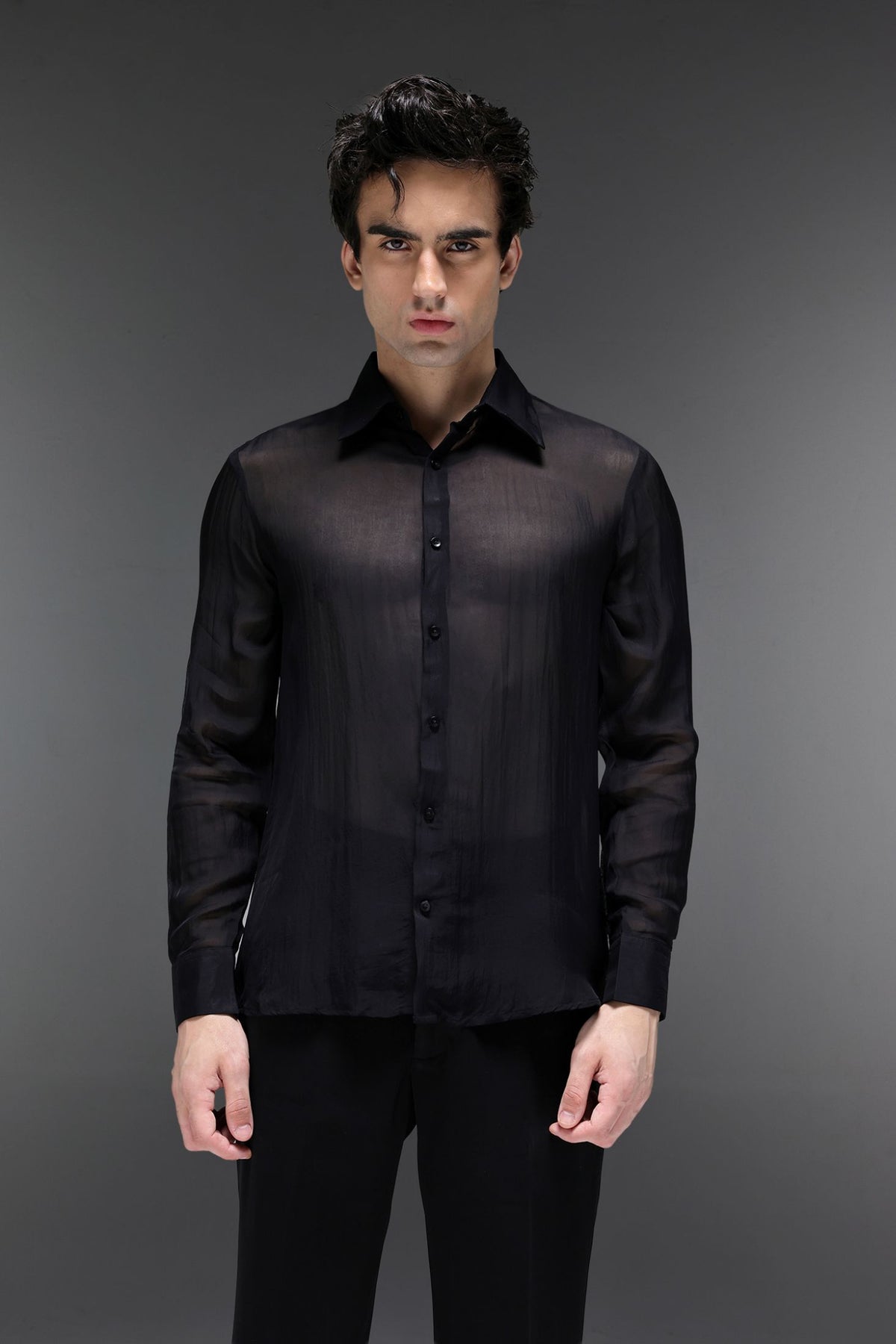 Goldline - Hand Embroidered Jacket With Organza Shirt - Black
